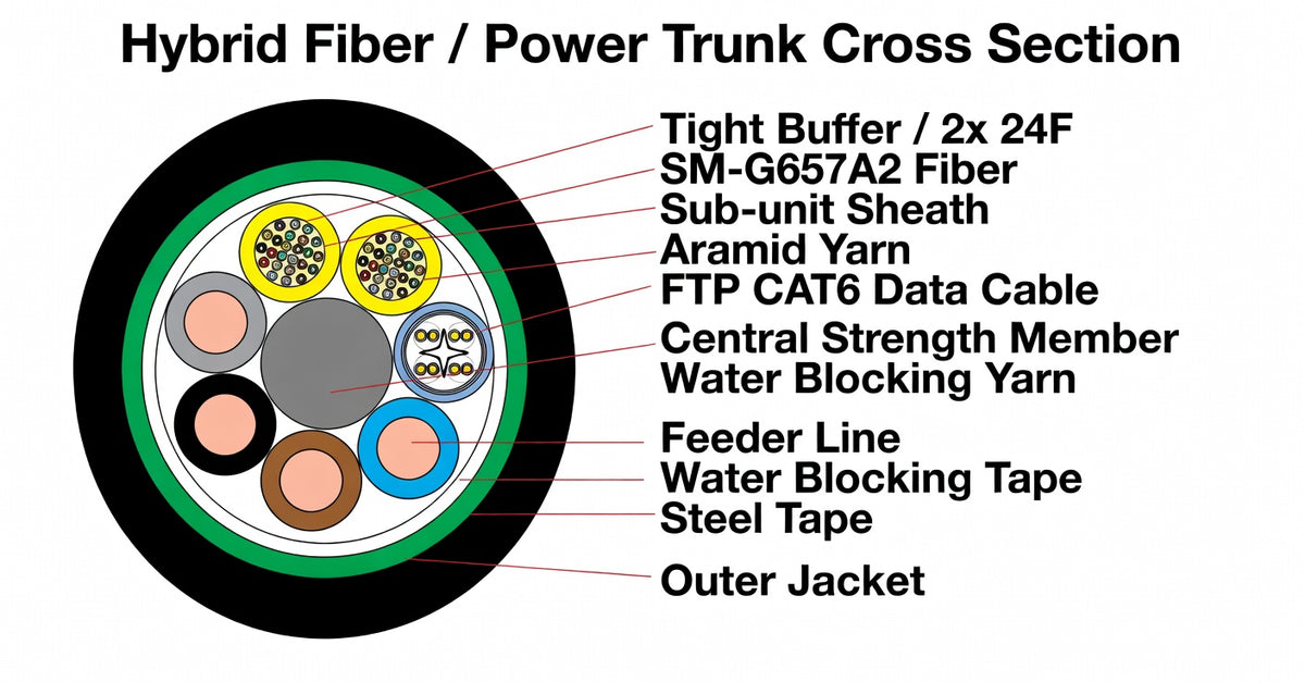 GDTS-48G657A2 Hybrid Trunk Cable - 48-Fiber + 4-Power + CAT6 Data